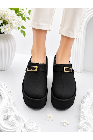 Dabab Shoes Nara Kadın Siyah Sıcak Kürklü Gold Tokalı Kapalı Burun Dolgu Topuklu Platform Terlik