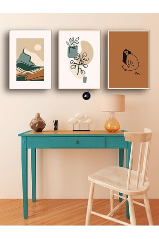 Pster108 Soyut Kahve Doğa Çiçek Ve Kadın Üçlü Kanvas Tablo Seti, Premium 3'lü Canvas, 3 Parçalı Duvar Tablos