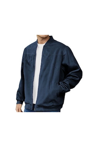 Edwardest Erkek Süet Bomber Fermuarlı Hırka Ceket Koyu Mavi