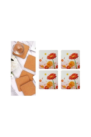 Ahşap Bardak Altlığı 4 Adet Çiçek Desen3 9x9cm Çok Renkli