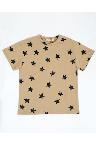 Luess Baskılı Oversize Kısa Kol Erkek Çocuk T-shirt Bej