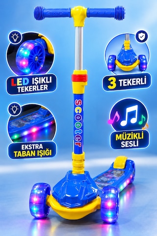 Scooter Led Işıklı 3tekerli Müzikli Katlanabilir Dayanıklı Gövde 3+yaş Mavi
