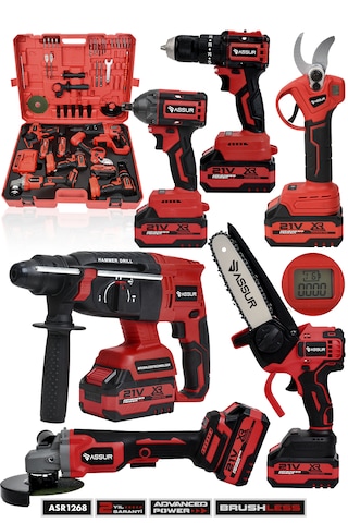 Assur ASR1268 21V 6'lı Set Kırıcı Delici Hilti + Taşlama + Somun Sıkma + Matkap + Budama Makası/Testeresi Kırmızı