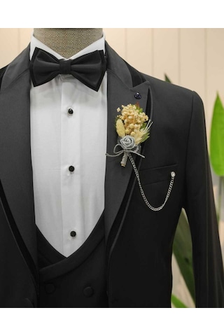 Bys Beystil Şal Yaka Üzerine Sivri Yaka Siyah Damatlık & Smokin Takım 446- Slim Fit