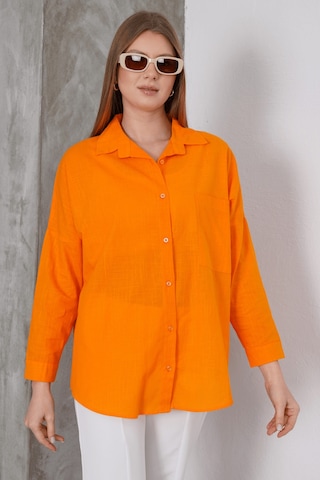 Paw Garage Kadın London Keten Tek Cepli Oversize Gömlek, Premium Kalite Keten Gömlek Turuncu