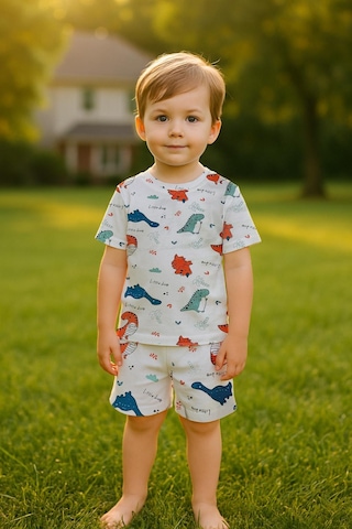 Luess Erkek Çocuk %100 Pamuk Renkli Dinazor Şortlu Pijama Takımı 3-4 Yaş 8-9 Yaş Beyaz