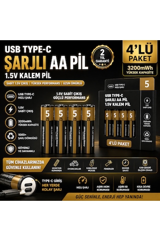 Usb Type-c Şarjlı Aa Lityum Pil 1.5v Sabit Çıkış 3200mwh 4 Lü Paket