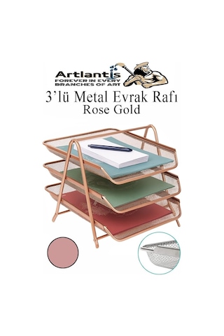 Metal Evrak Rafı 3 Lü 1 Paket Masa Üstü A4 Dosya Düzenleyici Kağıt Tepsisi Metal Fileli Üç Katlı Hareketli Perfore Bakır Yaldız