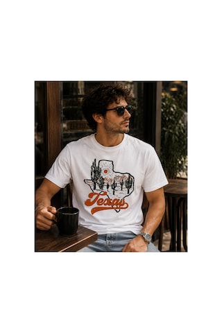 Qmen Style Unisex Basic Baskılı T-shirt Texsas %100 Pamuk Beyaz