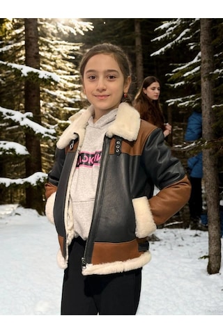 Çocuk Yakalı Parçalı Kürk - Kahve Çok Renkli