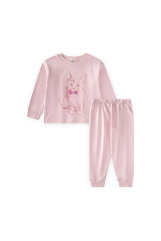Kedi Baskılı Pijama Takım 2-8 Yaş Pudra Pembe Pudra Pembe