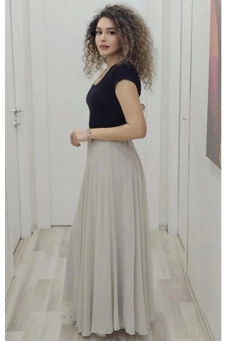 Bel Lastikli Kloş Şifon Etek 6003-taş Taş