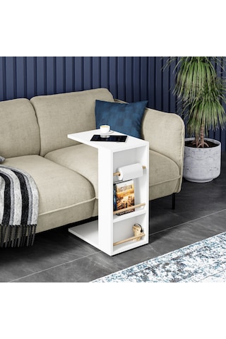 Tekerlekli Yan Sehpa Rulo Havlu Takılabilir Koltuk Sehpası C Sehpa Zigon Sehpa Beyaz