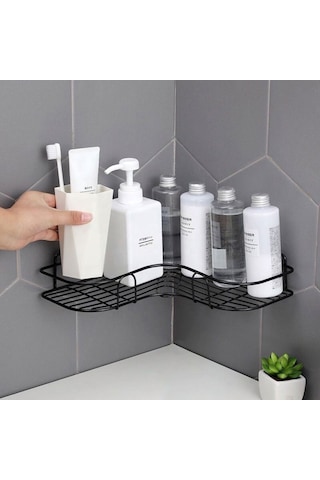 Tekli Geniş Banyo Rafı L Tasarım Banyo Düzenleyici Yapışkanlı Çok Amaçlı Köşe Rafı Organizatör Siyah