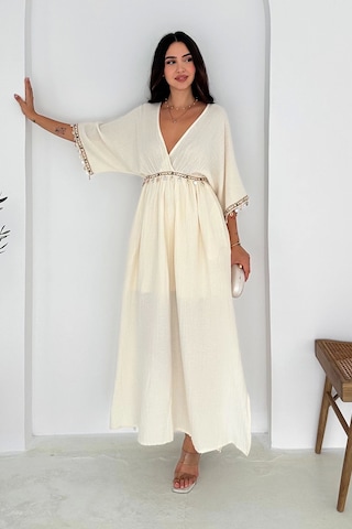 Asprin Fashion Anvelop Yaka Pullu Elbise Beyaz Beyaz
