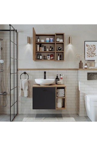 Lotus Lavabolu Mdf 65 Cm Banyo Dolabı + Aynalı Üst Dolap Atlantik Çam - Antrasit