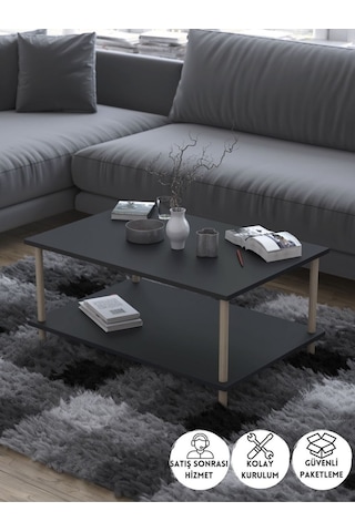 Dikdörgen Orta Sehpa Ahşap Ayaklı Sehpa Iki Raflı Sehpa Dekoratif Sehpa Gazetelikli-antrasit-90x60