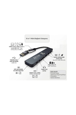 8-in-2 Hub Usb 3.0 & Type-c Hibrit Girişli Sd Kart Okuyucu Ses Çıkışlı Adaptör Tüm Cihazlarla Uyumlu