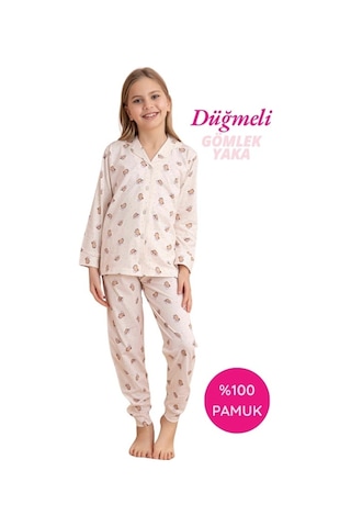 Kız Çocuk Gömlek Yaka Önden Düğmeli Pamuklu Mevsimlik Uzun Kol Pijama Takımı-dar Kalıp Bej