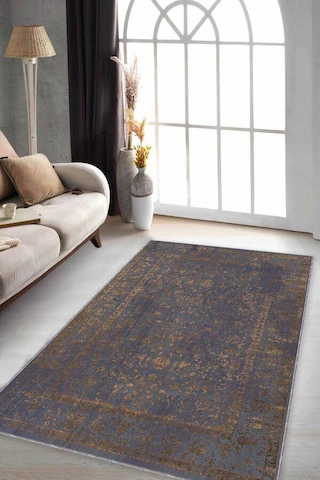 Antrasit Vintage Kaymaz Tabanlı Dekoratif Halı Kr024n11