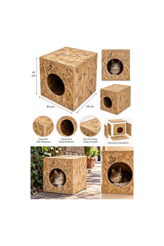 Reyo 43x41x29 cm Orta Boy Kedi Evi Ahşap Kedi Barınağı, Sokak Kedileri İçin Yağmur ve Su Geçirmez OSB CAT03