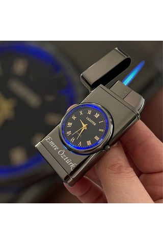 Kişiye Özel Çift Yön Baskı Turbo Jet Işıklı Saatli Çakmak -kutulu Ve Hediye Paketinde