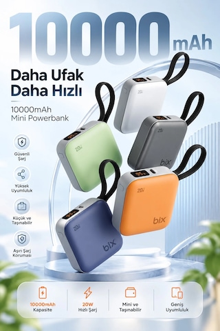 Exenar - Açık Gri - Mini Powerbank 10000 Mah Cep Boy Taşınabiler Hızlı Şarj Pd 20w Dijital Göstergeli Type-c Kablolu 21230543