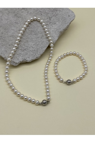 Beyaz Doğal İnci Erkek Kolye Bileklik Set Gümüş