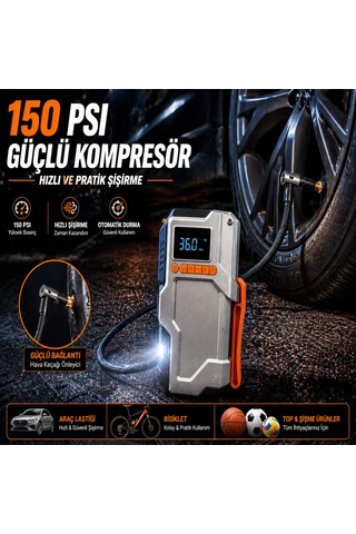 4 Ü 1 Arada Akü Takviye Cihazı 12000mah Powerbank Kompresör 150 Psı Hava Pompası Led Fenerli Taşınabilir Marş Basma Cihazı