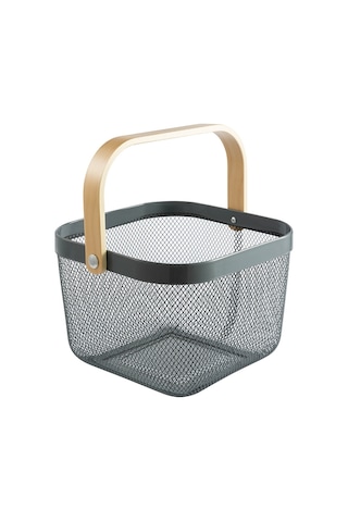 Sones Kare Ahşap Saplı Örgü Sepet Atıştırmalık Meyve Saklama Sepeti Gri
