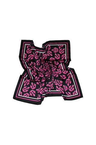 Tikitonki Pembe Çapa Figürlü Saten Siyah Eşarp - Kare Kesim 90x90 Çok Renkli Çok Renkli