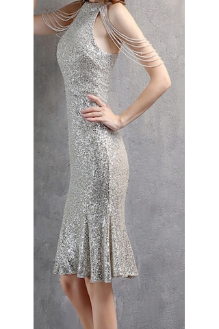 Hanife Glam Couture Hanife Glam Boncuk Detaylı Pulpayet Abiye Elbise Gümüş