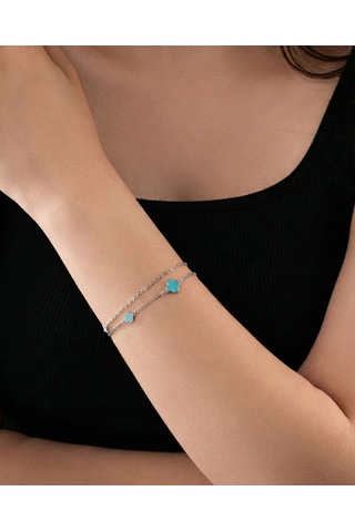 925 Ayar Rodyum Turkuaz Mineli İki Sıralı Yonca Charm Gümüş Bileklik Rzb10084 Gümüş