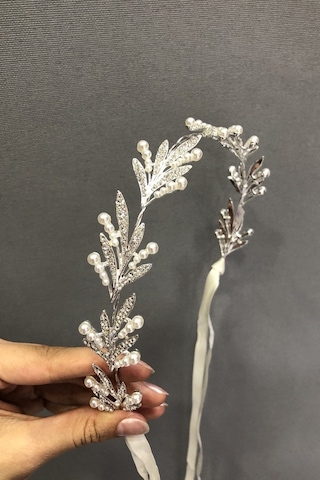 FdayAksesuar Yapraklı Incili Gümüş Gelin Tacı FRDY31382