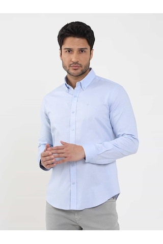 Dufy Mavi Erkek Slim Fit Düz Brent Düğmeli Yaka Uzun Kol Gömlek - 104329-mavi Mavi