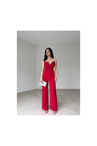 Munora Butik Kalp Yaka Straplez Kırmızı Tulum Kırmızı Kırmızı
