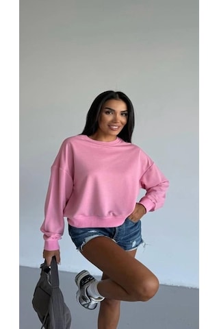 Esa35takı Kadın Bisiklet Yaka Sweatshirt Pembe
