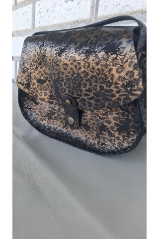 Medorya Design Dore Işıltılı Siyah Leopar Hakiki Deri Mini Çanta Altın - Siyah