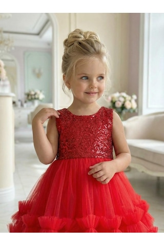 Butikhappykids Kız Çocuk Kırmızı Payetli Volanlı Tüllü Prenses Abiye Elbise 1-6 Yaş Kırmızı