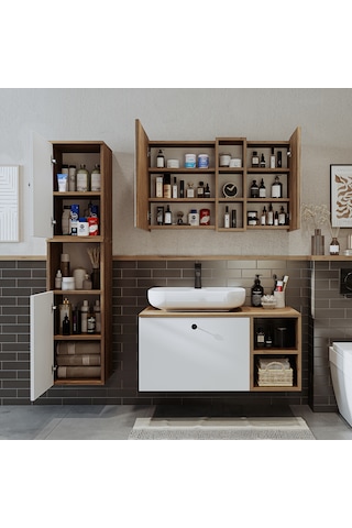 "lavabolu" Mdf 95 Cm Çekmeceli Lotus Oval Lavabolu Banyo Dolabı Atlantik Çam - Beyaz