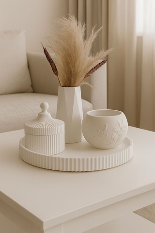 Minimalist Vazo & Kapaklı Kutu & Kabartmalı Tepsili 4 Lü Dekoratif Organizer Set
