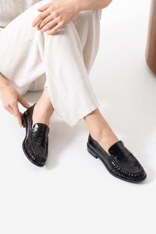 Luvi Shoes Chen Siyah Kırışık Rugan Hakiki Deri Kadın Loafer Ayakkabı