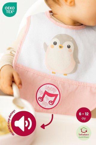 Düdüklü Cepli Sıvama Mama Önlüğü - Minik Penguen Pembe Bebek Önlüğü Koyu Pembe