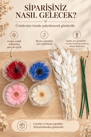 Premium Şoklanmış Gerçek Çiçek Buketi 4 Renkli Gerbera Ve Beyaz Dekoratif Yapraklar Çok Renkli