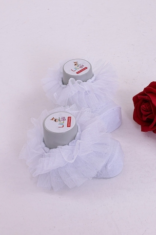 Burçak Çorap Soft Yıkamalı Kız Bebek Çorabı - Tül Ve Güpür Detaylı Pamuklu Model 4'lü Kırık Beyaz
