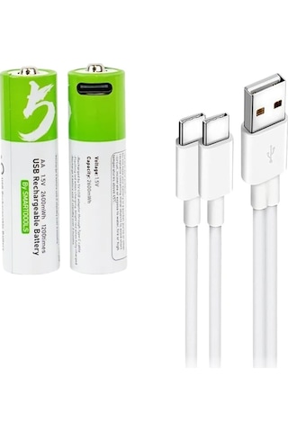 Type-c Şarjlı Li-ion Aa Kalem Pil 1.5v 2600mah 2li Paket
