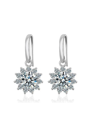 Beyaz Bagueringen Kadın Ayar Gümüş 925 Takı 1 Karat Mozanit Pırlanta Damla Küpe Ayçiçeği Şekilli Kulak Damlası Hediye