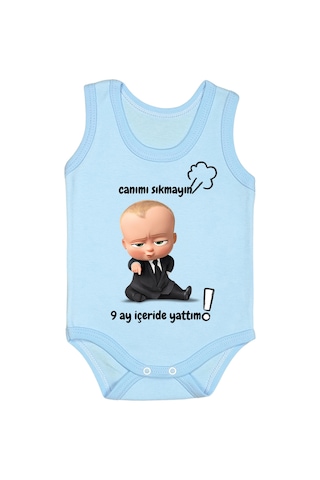 Bebetospik %100 Pamuk 9 Ay İçeride Yattım Baskılı Zıbın & Body Mavi