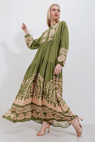 Bigdart 2423 Otantik Desenli Elbise - Haki