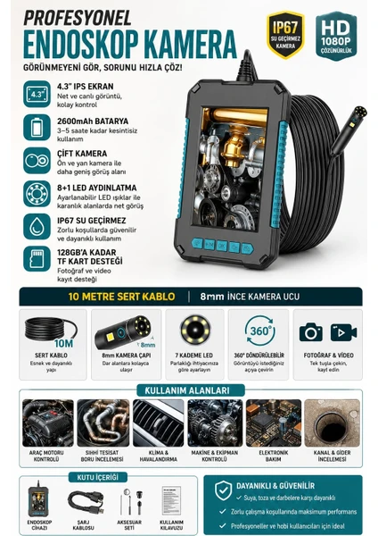 10 Metre Çift Kameralı Ekranlı Endoskop Kamera 4.3'' Ips Lcd 1080p Hd 8mm Ip67 Su Geçirmez Boru Tesisat Araç Kontrol İçin